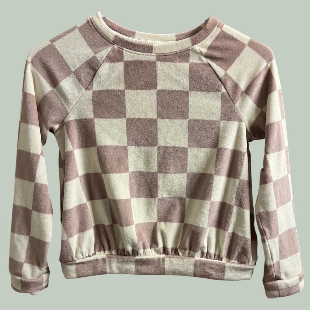 Cat & Jack Sweatshirt Kids M 7/8 Mauve Checkered Fleece Cinched Hem Pullover